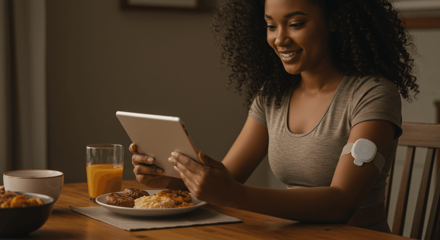Woman monitoring her glucose levels while enjoying breakfast